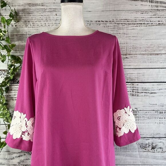 Linea by Louis Dell'Olio Blouse Tunic sz 4 Pink White Lace Boho Wedding Stretch - Picture 2 of 10